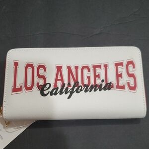Los Angeles California white coated canvas zip around red trim wallet brand new